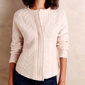 Anthropologie by Knitted & Knotted 100% WOOL Cream Cable-Knit Zip Cardigan